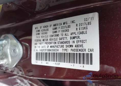 2011 Honda Accord 2.4 Lx from USA, damaged, VIN 1HGCP2F36BA098004